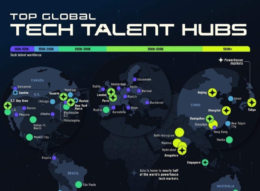 نقشه جدید قطب‌های فناوری جهان در ۲۰۲۳؛ آسیا پیشتاز نیروی کار فناوری + جدول